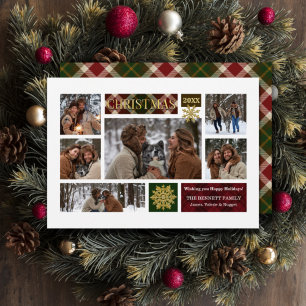 Rustic Pset & Gold Snowflakes Multi-Photo Feestdagenkaart