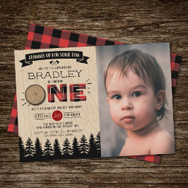 Rustic Pset Lumberjack Boys 1st Birthday Foto Kaart