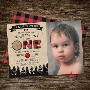 Rustic Pset Lumberjack Boys 1st Birthday Foto Kaart