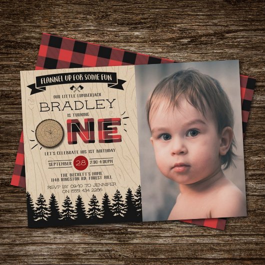 Rustic Pset Lumberjack Boys 1st Birthday Foto Kaart