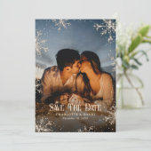 Rustic Pset Snow Snowflakes Winter Fotobruiloft Save The Date (Staand voorkant)