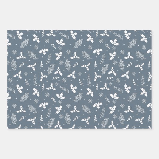 Rustic Pset Snowflakes en Holly in Country Blue Inpakpapier Vel (Voorkant 3)