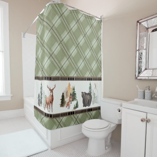 Rustic Pset Waterverf Woodland Animal Cabin Douchegordijn (In situ)