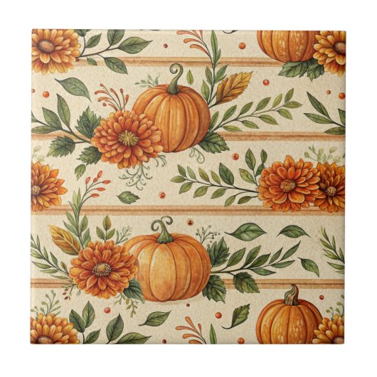 Rustic Pumpkin and Chrysanthemum Autumn Pattern Tegeltje (Voorkant)