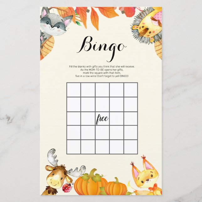 Rustic Pumpkin Animal Waterverf Bingo Game (Voorkant)