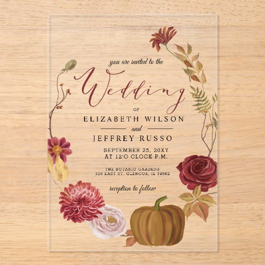 Rustic Pumpkin Autumn Fall Wedding Acryl Uitnodigingen (Voorkant)