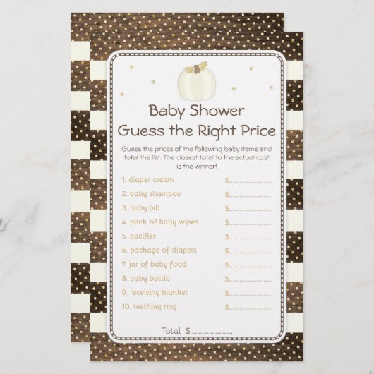 Rustic Pumpkin Baby shower Price Game, Ivory Gold (Voorkant / Achterkant)