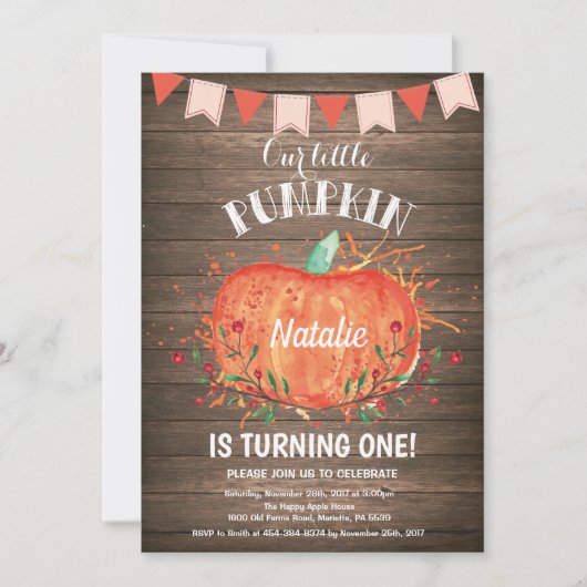 Rustic Pumpkin Birthday Invitation Pink Kaart (Voorkant)