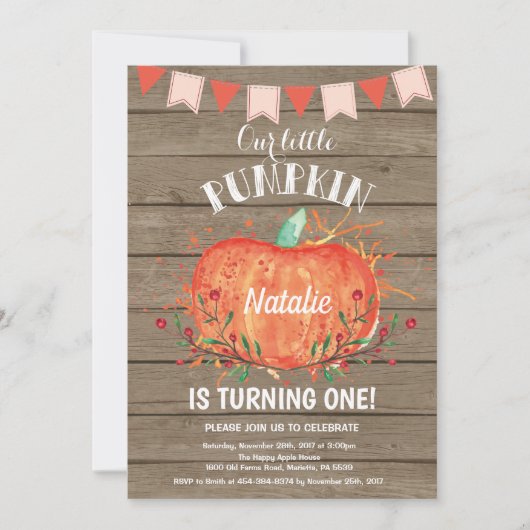 Rustic Pumpkin Birthday Invitation Pink Kaart (Voorkant)