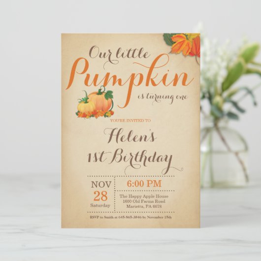 Rustic Pumpkin Birthday Uitnodiging eerste dag (Staand voorkant)