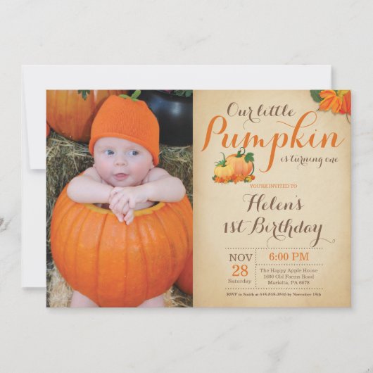 Rustic Pumpkin Birthday Uitnodiging eerste dag (Voorkant)