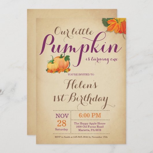 Rustic Pumpkin Birthday Uitnodiging eerste dag (Voorkant / Achterkant)