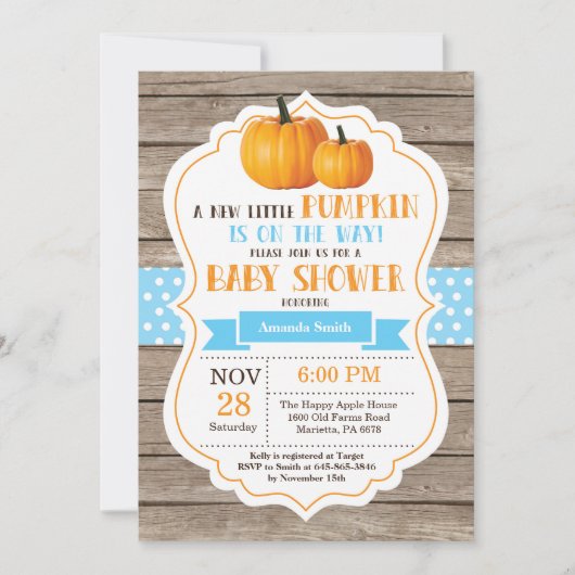 Rustic Pumpkin Boy Baby shower Invitation Kaart (Voorkant)
