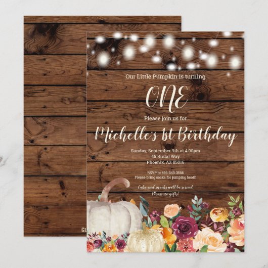 Rustic Pumpkin Burgundy Gold Girl Eerste verjaarda Kaart (Voorkant / Achterkant)