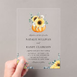 Rustic Pumpkin en Sunflower Fall Wedding Acryl Uitnodigingen<br><div class="desc">Nodig gasten uit voor uw bruiloft met onze aanpasbare acryl huwelijksuitnodiging, met een prachtige combinatie van waterverf pompoenen, zonnebloemen en eucalyptus bladeren. Dit levendige, op natuur geïnspireerde ontwerp combineert moeiteloos de warme, goudkleurige tinten van zonnebloemen met de aardse charme van pompoenen en de verfrissende elegantie van eucalyptus, waardoor een tijdloze...</div>
