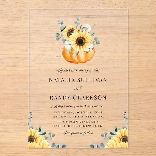 Rustic Pumpkin en Sunflower Fall Wedding Acryl Uitnodigingen (Voorkant)