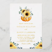 Rustic Pumpkin en Sunflower Fall Wedding Folie Uitnodiging (Voorkant)
