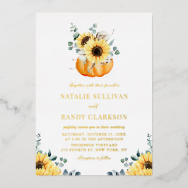 Rustic Pumpkin en Sunflower Fall Wedding Folie Uitnodiging