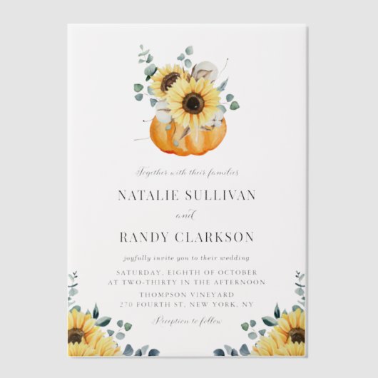 Rustic Pumpkin en Sunflower Fall Wedding Vellum Uitnodigingen (Voorkant)