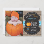 Rustic Pumpkin First Birthday Invitation Blue Kaart (Voorkant)