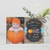 Rustic Pumpkin First Birthday Invitation Blue Kaart (Staand voorkant)