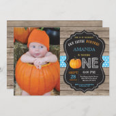Rustic Pumpkin First Birthday Invitation Blue Kaart (Voorkant / Achterkant)