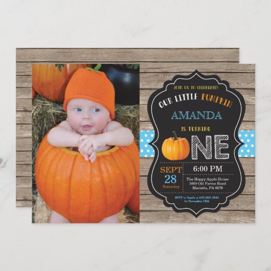 Rustic Pumpkin First Birthday Invitation Blue Kaart (Voorkant / Achterkant)