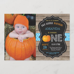 Rustic Pumpkin First Birthday Invitation Blue Kaart