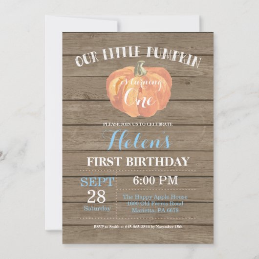 Rustic Pumpkin First Birthday Invitation Blue Kaart (Voorkant)