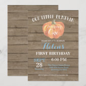 Rustic Pumpkin First Birthday Invitation Blue Kaart (Voorkant / Achterkant)