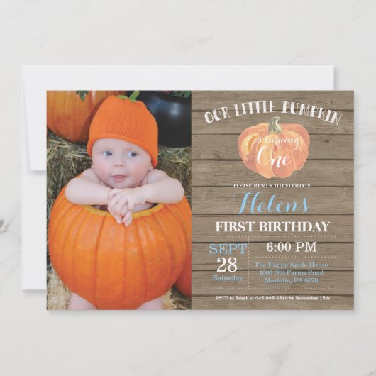 Rustic Pumpkin First Birthday Invitation Blue Kaart (Voorkant)