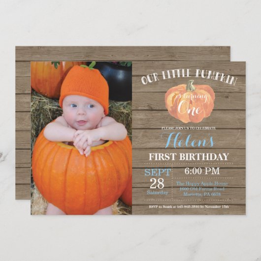 Rustic Pumpkin First Birthday Invitation Blue Kaart (Voorkant / Achterkant)