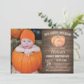 Rustic Pumpkin First Birthday Invitation Kaart (Staand voorkant)