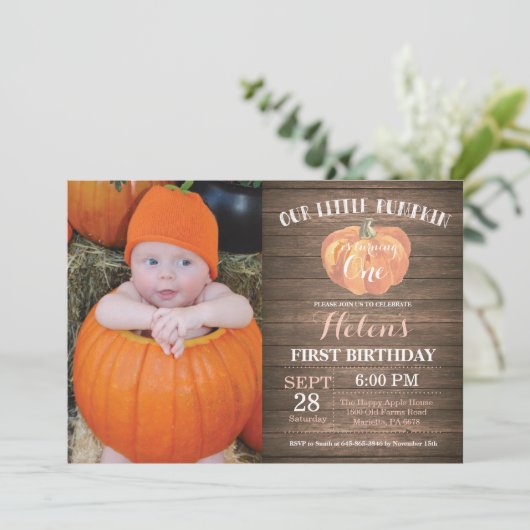 Rustic Pumpkin First Birthday Invitation Kaart (Staand voorkant)