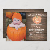 Rustic Pumpkin First Birthday Invitation Kaart (Voorkant / Achterkant)