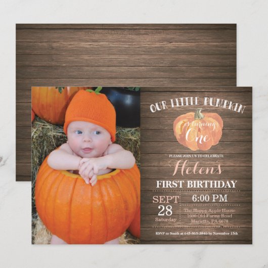 Rustic Pumpkin First Birthday Invitation Kaart (Voorkant / Achterkant)
