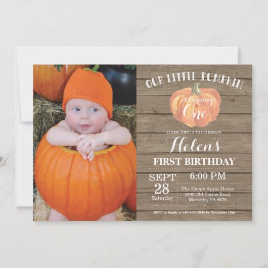 Rustic Pumpkin First Birthday Invitation Kaart (Voorkant)