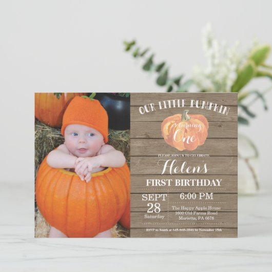 Rustic Pumpkin First Birthday Invitation Kaart (Staand voorkant)