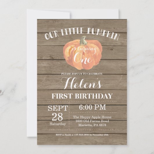 Rustic Pumpkin First Birthday Invitation Kaart (Voorkant)