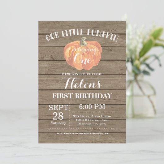 Rustic Pumpkin First Birthday Invitation Kaart (Staand voorkant)
