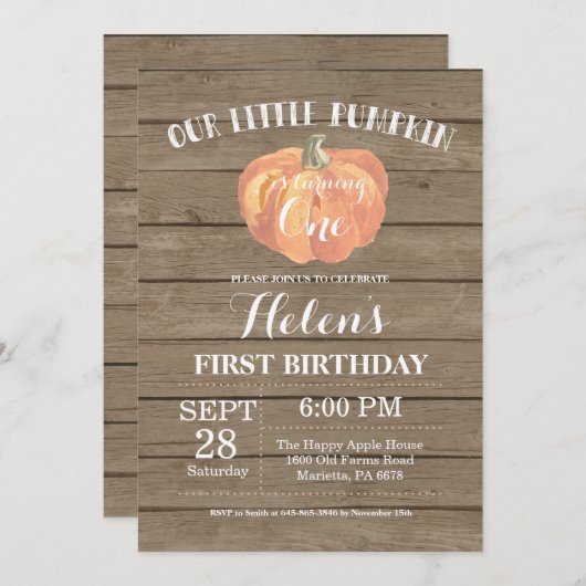 Rustic Pumpkin First Birthday Invitation Kaart (Voorkant / Achterkant)