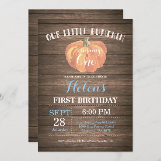 Rustic Pumpkin First Birthday Invitation Kaart (Voorkant / Achterkant)