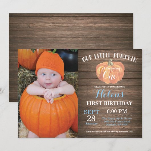 Rustic Pumpkin First Birthday Invitation Kaart (Voorkant / Achterkant)
