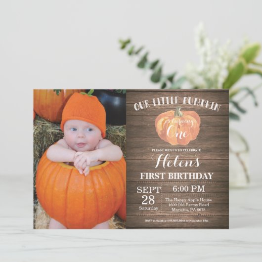 Rustic Pumpkin First Birthday Invitation Kaart (Staand voorkant)