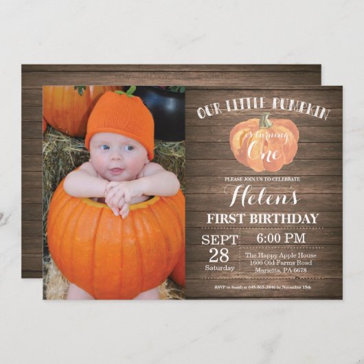 Rustic Pumpkin First Birthday Invitation Kaart (Voorkant / Achterkant)