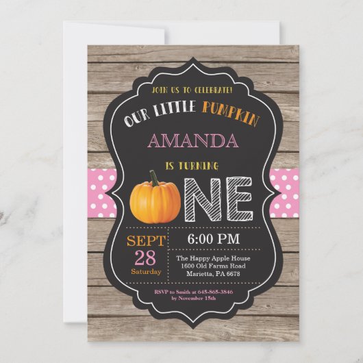 Rustic Pumpkin First Birthday Invitation Pink Kaart (Voorkant)