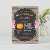 Rustic Pumpkin First Birthday Invitation Pink Kaart (Staand voorkant)