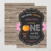 Rustic Pumpkin First Birthday Invitation Pink Kaart (Voorkant / Achterkant)