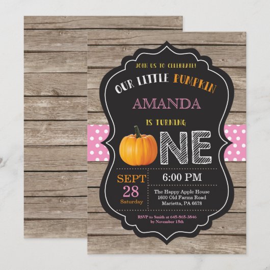 Rustic Pumpkin First Birthday Invitation Pink Kaart (Voorkant / Achterkant)