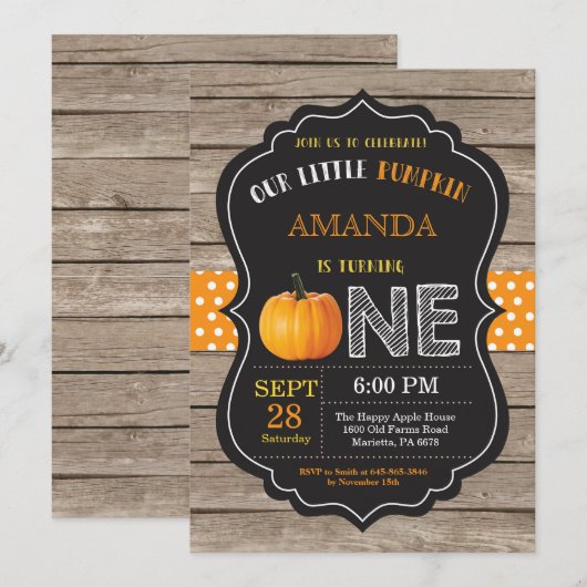 Rustic Pumpkin First Birthday Invitation Sinaasapp Kaart (Voorkant / Achterkant)